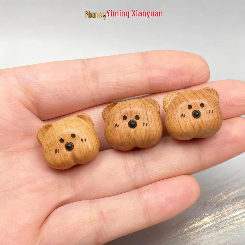 Peach Wood Bear Carved DIY Bead Pendant Ornament