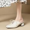 Fashion 2024 Women's New Spring/Summer Square Headed Genuine Leather Lace Up Middle Heel Large Headed Muller Slippers