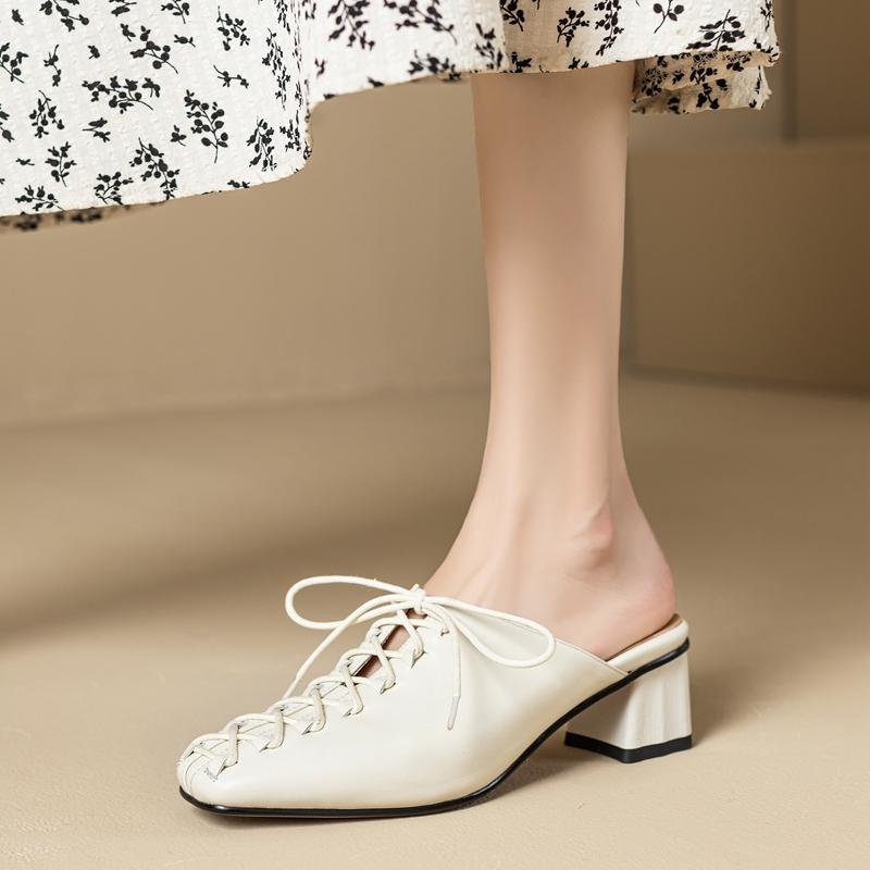 Fashion 2024 Women's New Spring/Summer Square Headed Genuine Leather Lace Up Middle Heel Large Headed Muller Slippers