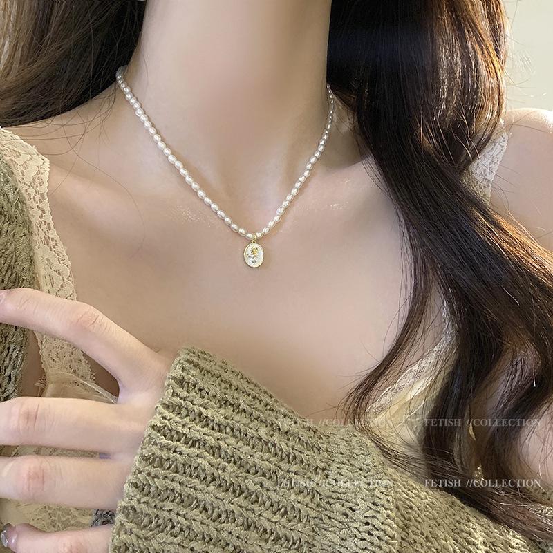 Korean Titanium Steel Pearl Necklace with Zircon Pendant - Luxury Choker Chain