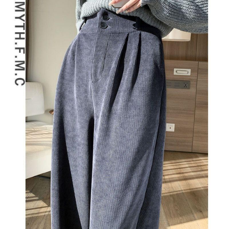 Ins Trendy Women Korean High Street Wide Leg Trouser Autumn Winter Thick Warm Women's Pant Fashion Corduroy Loose Button Trouser