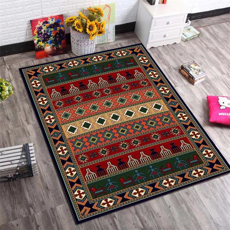 Bohemian Tribal Area Rug with Geometric Pattern, Vintage Red Large Carpet for Living Room Bedroom Home Decor, Non-Slip Soft Floor Mat