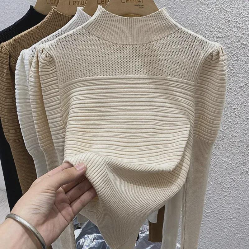 Dámský luxusní pletený svetr slim fit s polovičním rolákem a nabíranými rukávy pro podzim/zimu