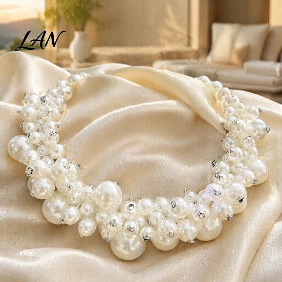 Faux Pearl Choker Necklace 1 Set Chunky Jewelry, Beaded And V-neck Accessory Earrings, Metallic for Women Dinner Parties Wedding Collarbone Enhancing