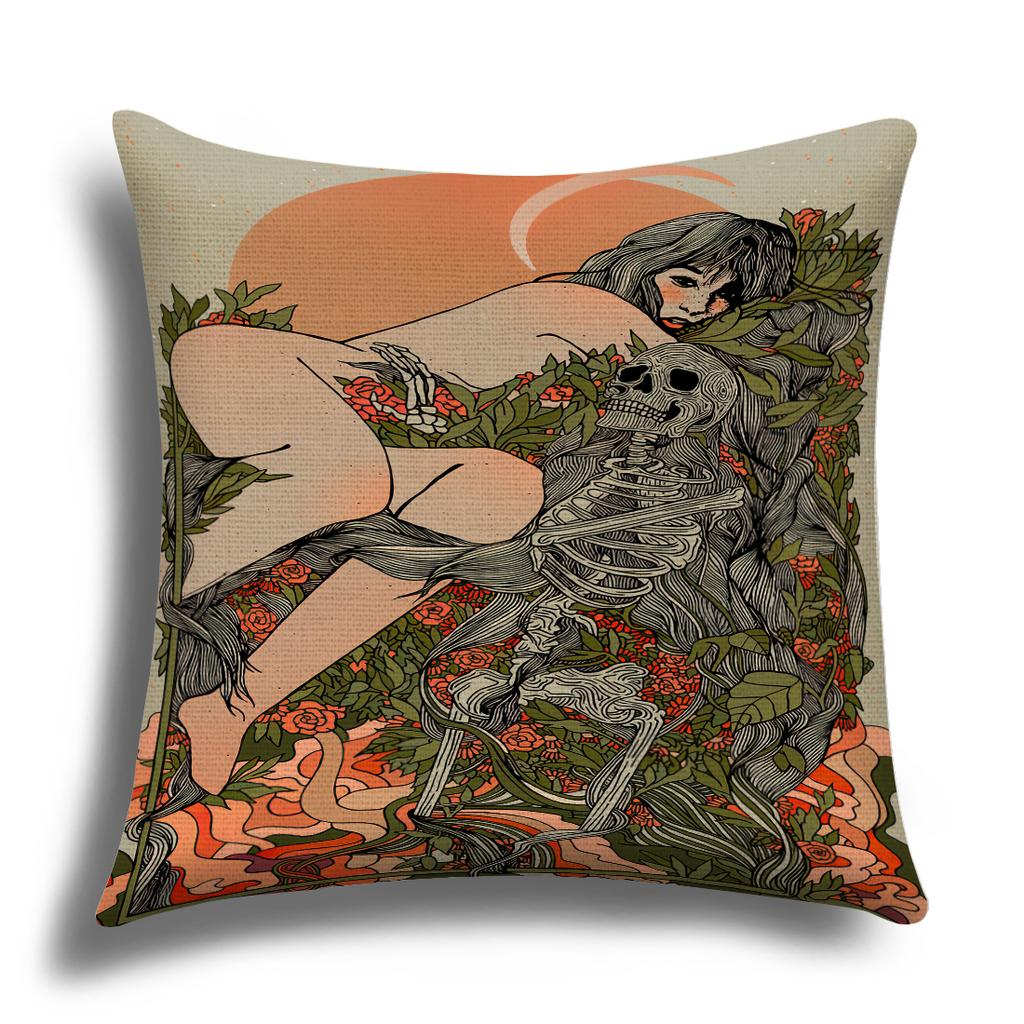 Classic Retro Girl Skull Illustration Cushion Cover Pillow Cover Sofa Cushion Cover Living Room Bedroom Soft Home Decoration