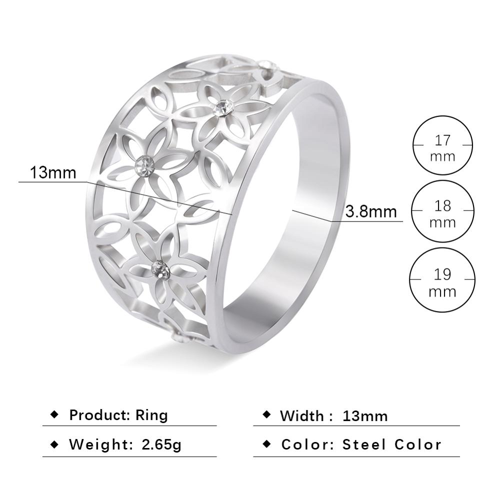 Teamer Women Elegant Flower Zircon Finger Ring Stainless Steel Black Casual Engagement Rings Jewelry Gift for Friend Lover
