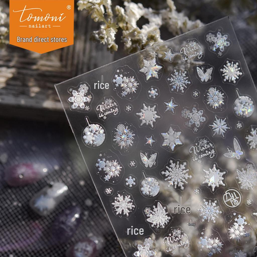 Tomoni Shell Light Winter Dream Nail Stickers - Ice Transparent Snowflake & Butterfly Decoration.
