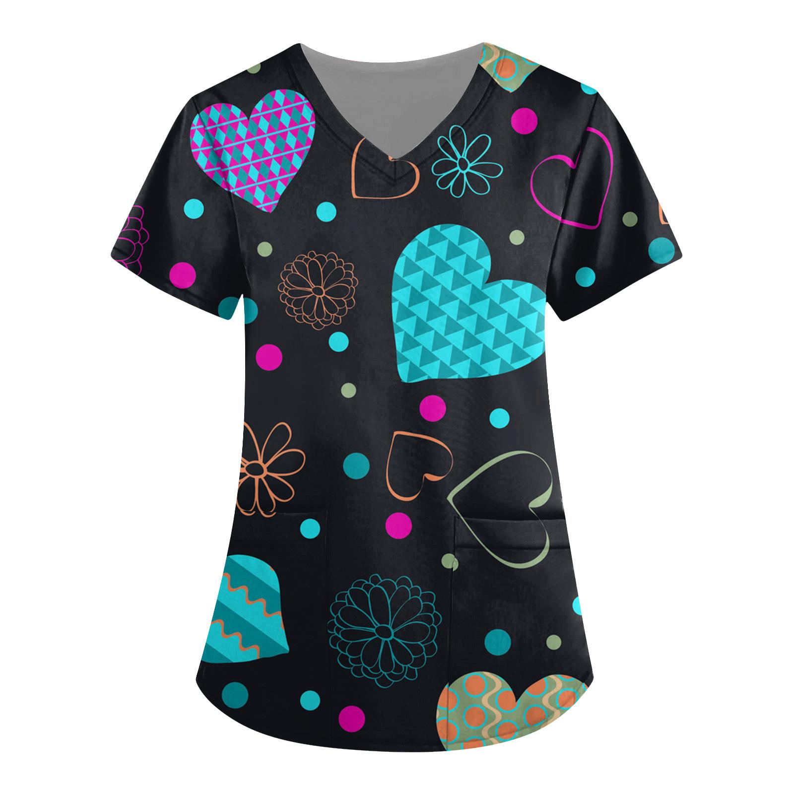 

Women s Fashion Print Short-Sleeved V-Neck Tops Nurses Uniforms M синий