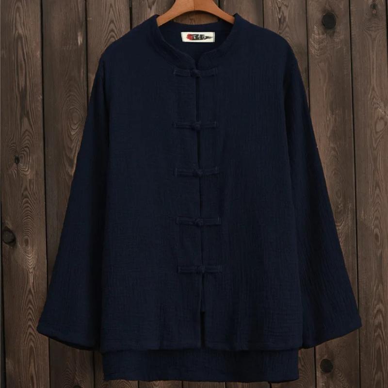 Spring Solid Color Stand Collar Full Sleeve Tops Women Vintage Single-breasted Cardigan Cotton Linen Shirts