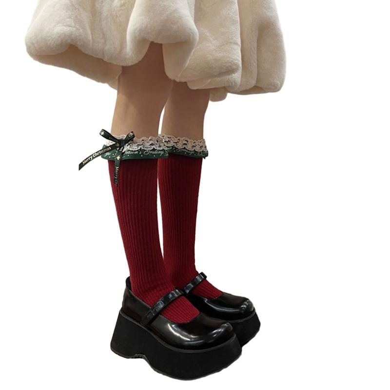 Womens JK Girls Princess Ribbed Calf Socks Japanese Sweet Ruffle Lace Trim Christmas Ribbon Bowknot Thick Warm Socks красный