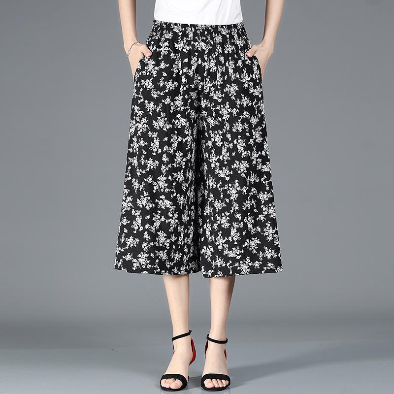 Middle Aged and Elderly Women's New Summer Half Skirt Cropped Pants Mom Elastic High Waist Wide Leg Pants Skirt Pants