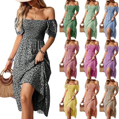 Off-Shoulder Kurzarm Blumenprint Gerafftes Oberteil Midi-Kleid für Damen Lässig Sommer Fließender Rock Design