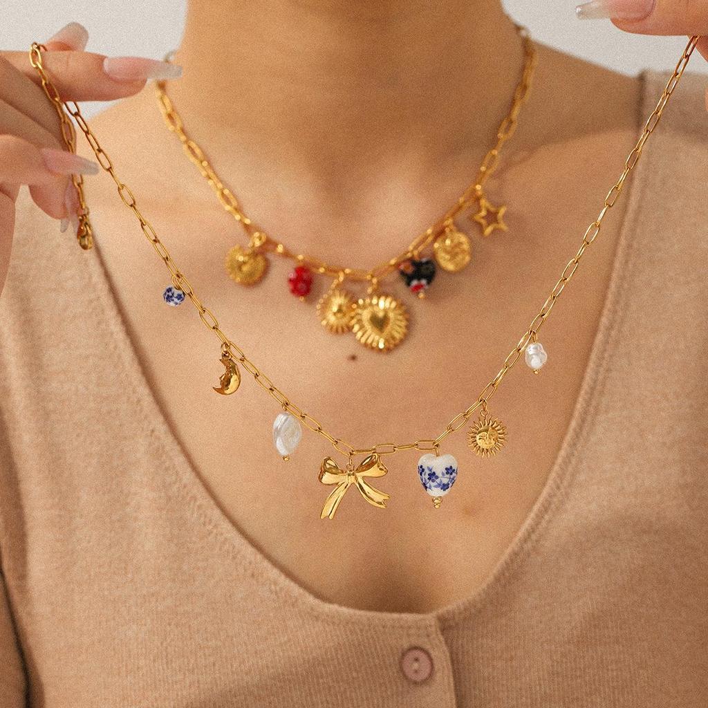 High-End Stainless Steel Sun & Bow Heart Pendant Necklace for Women