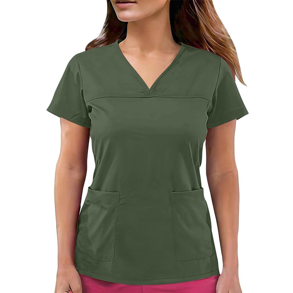 Top de uniforme de cuidador de manga corta con cuello en V de color para mujer con bolsillos de color
