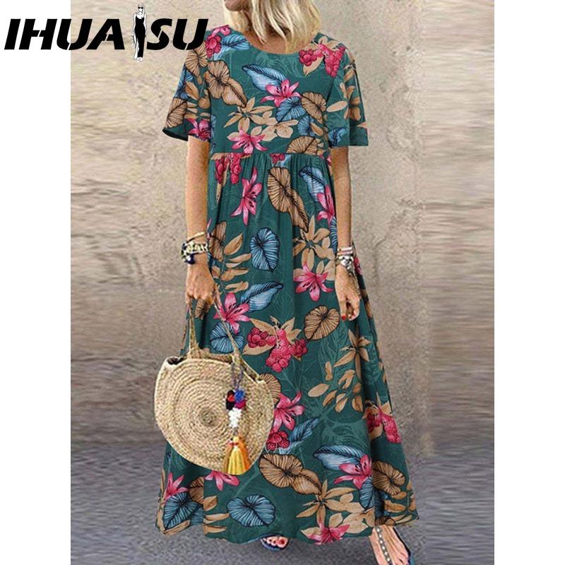 IHUASU Women's Fashion Summer Spring Solid Color Print Short Sleeve O-Neck High Waist Casual Dresses