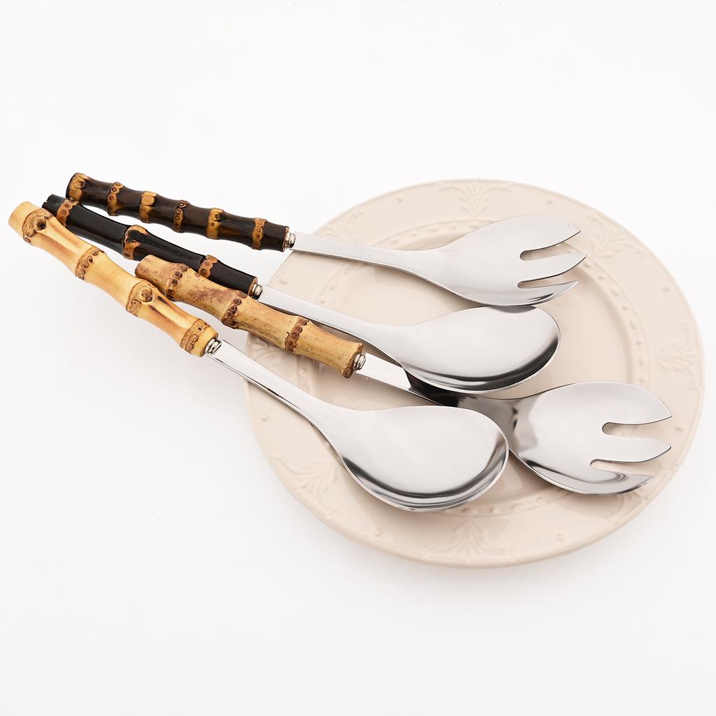 2/4pcs Bamboo Handle Dinnerware Set Salad Fork Spoon Cutlery Set Mirror Stainless Steel Flatware Western Home Kitchen Tableware