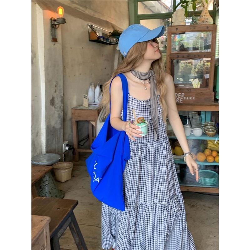 Vintage Summer Waist Tie Slimming Checkered Maxi Dress Ankle Length Skirt For Beach Vacation