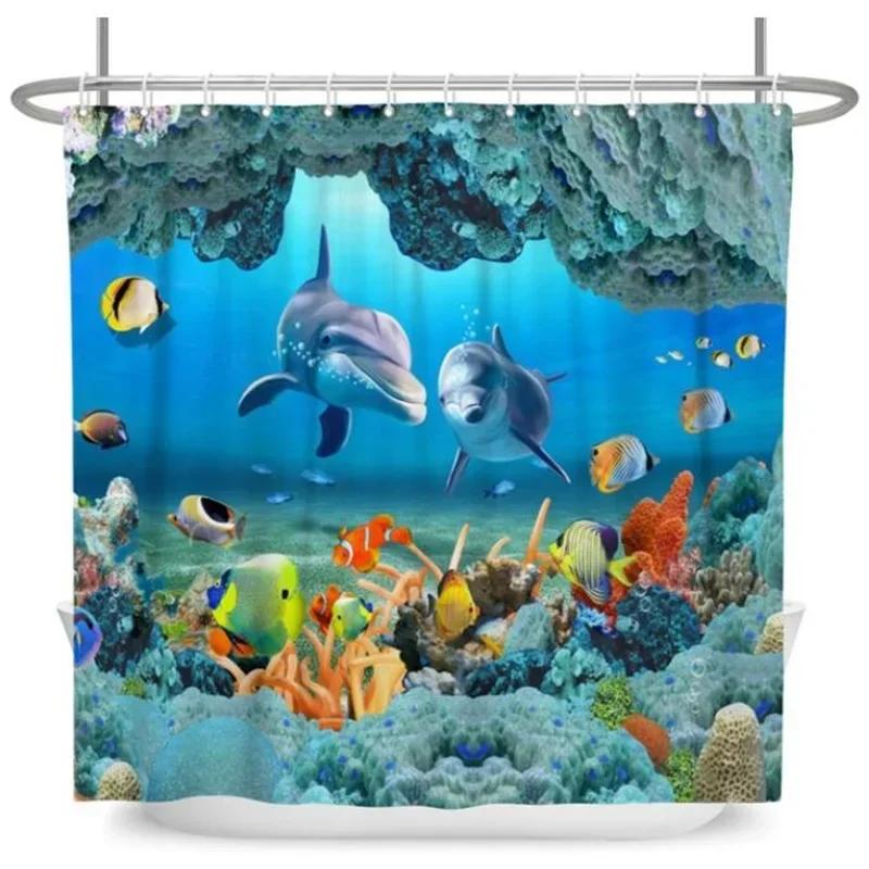Underwater World Bathroom Shower Curtain Sea Turtle Dolphin Ocean Creature Landscape Bath Curtains Children Cloth Bathroom Decor