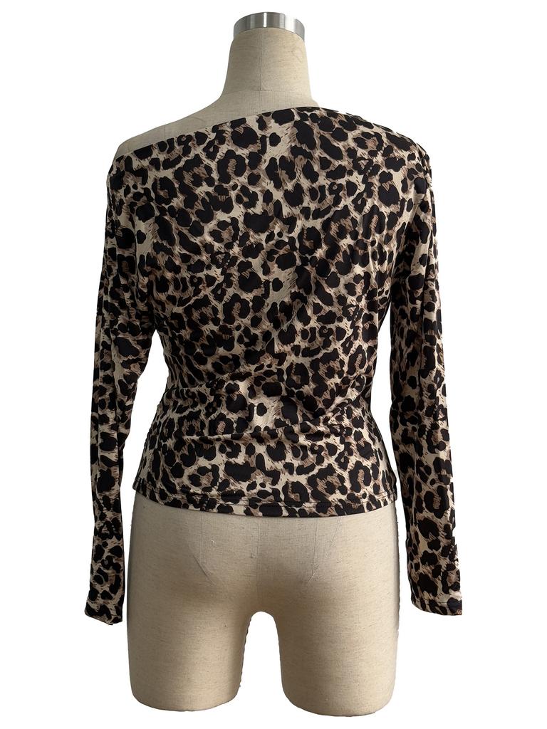 Women's Batwing Sleeve Ruched Shoulder Slim Chic Retro Leopard T Shirt Top Women Fashion Daily Basic Office Lady Casual Slim Fit Ladies Elegant Top