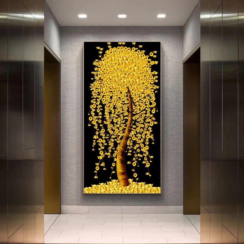 Golden Tree Rich Money Nordic Art Canvas Painting Wall Art Posters Prints Wall Pictures for Living Room Home Wall Cuadros Decor Frameless