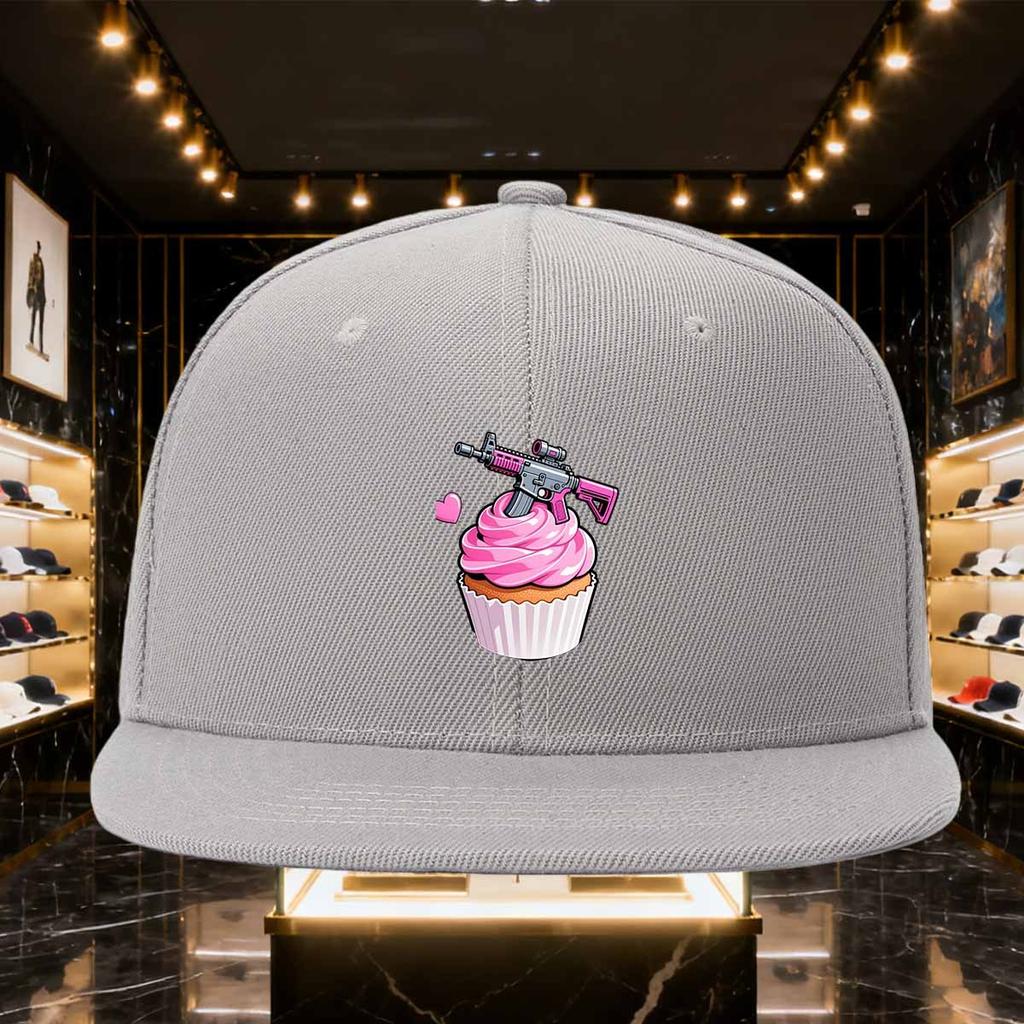 Pink Gun Cupcake Graphic Baseball Cap Unisex Polyester Flat Brim Snapback Hat Outdoor Dad Hat