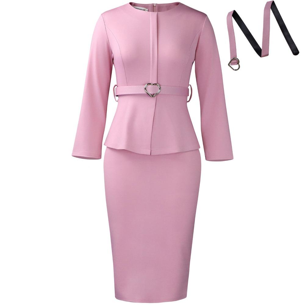 Women's Round Neck Long Sleeve Midi Dress Bodycon High Waist Elegant Peplum Office Pencil Dress With Heart Belt