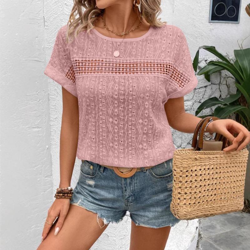 Women's Fashion Summer Spring Casual Solid Color Print Short Sleeve O Neck Blouses & Shirts