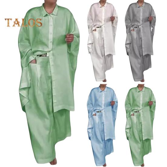 2 ks/sada Podzim Jaro Dámské Košile Kalhoty Set Dlouhé Rukávy Klopa Halenka se zapínáním na knoflíky a Kapsou na hrudi Pružný pas Kalhoty OL Dojíždění Sport