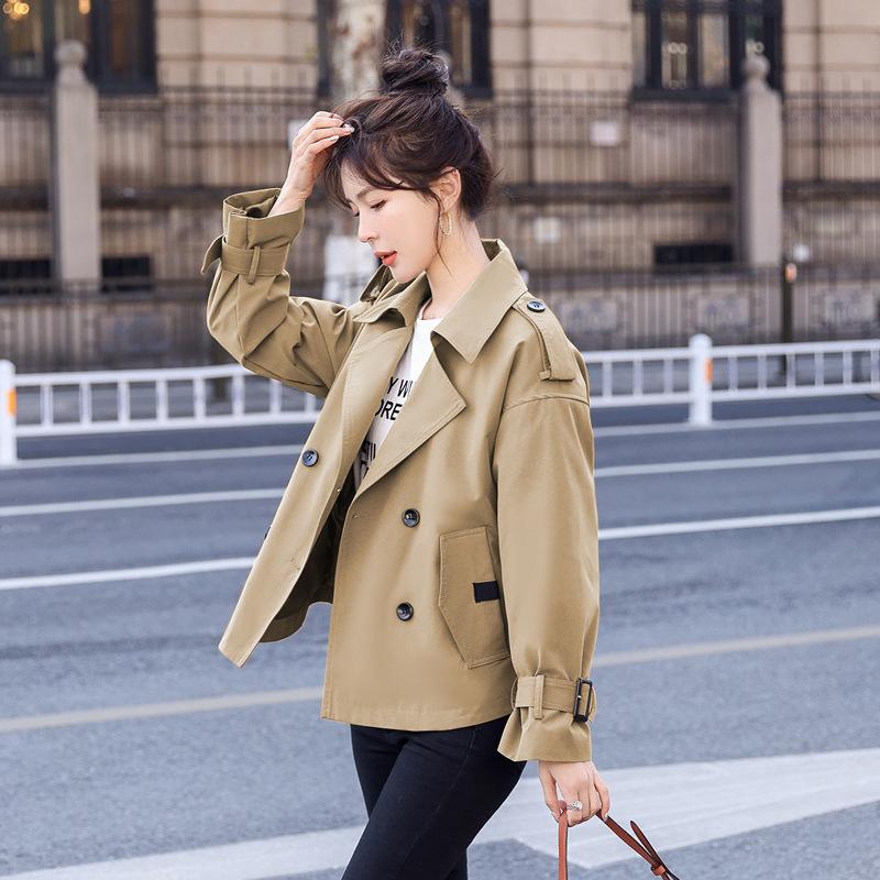 Fashion Casual Short Trench Coat Women's Spring New Double-breasted Small Man Design Khaki Jacket Tide