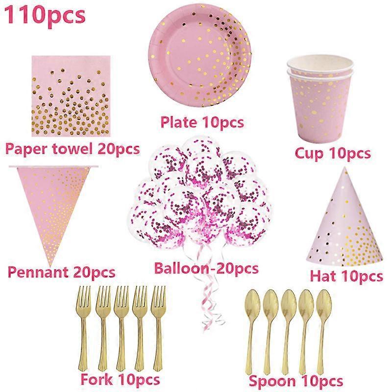 110pcs/Set Pink Gold Dot Tableware Paper Towel Cup Plate Disposable Wedding Party Decor Kids Birthday Baby Shower Party Supplies