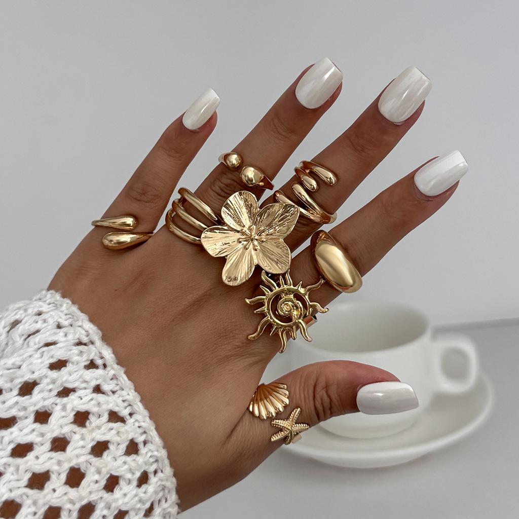 Summer Vacation Starfish Scallop Open Ring Set for Women Men Gold Color Glossy Alloy Flower Adjustable Ring Jewelry Gift