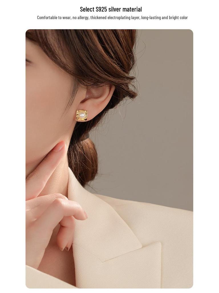 Banyan Tree S925 Silver Geometric Shell Pearl Earrings - Korean Trendy Niche Style