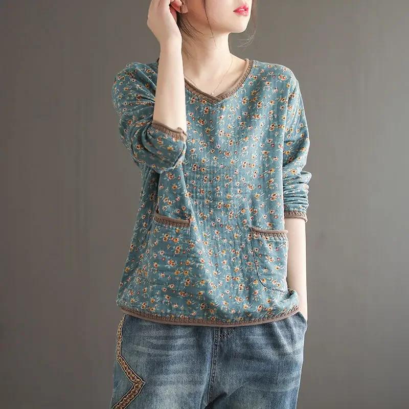 Vintage T Shirt Women Long sleeve Shirt Cotton Linen V neck Loose Tee Shirt Woman Autumn Clothes Basic Tshirt Ladies Top Casual