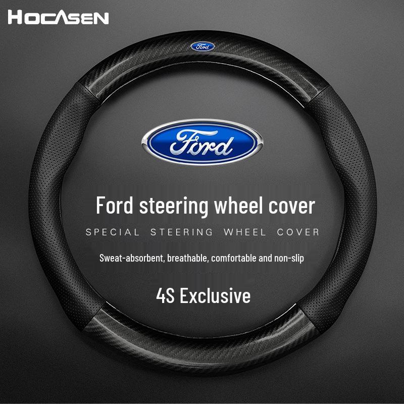 Genuine Leather & Carbon Fiber Steering Wheel Cover for Ford Focus, Mondeo, Kuga, Edge, Taurus