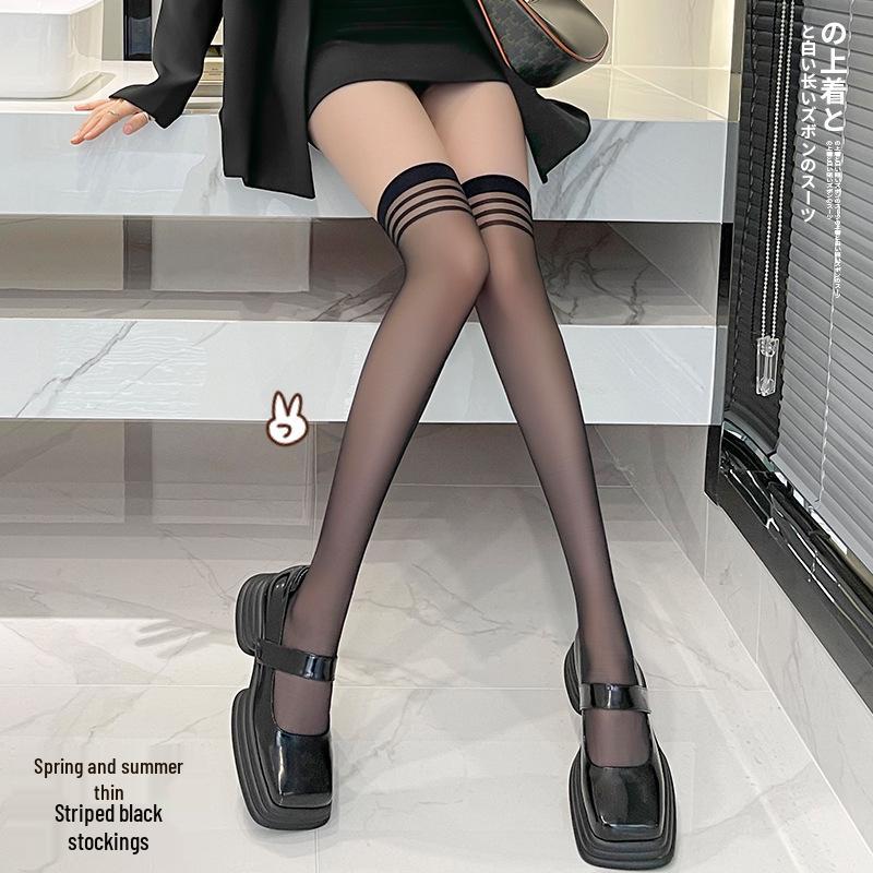 Women's Black Thigh-High Anti-Ladder Summer Socks with Non-Slip 3D Pattern