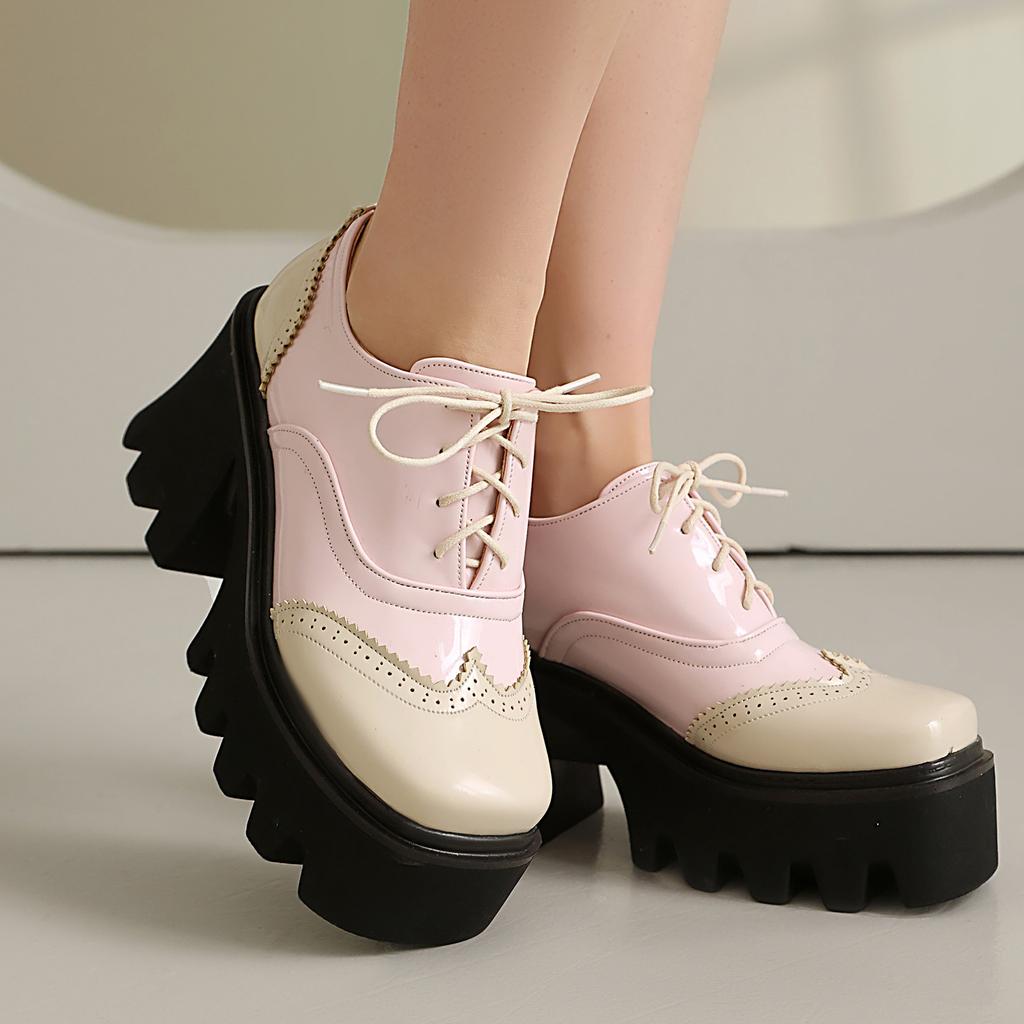 British Style Lace-up Student Shoes Color Matching Platform Single Shoes