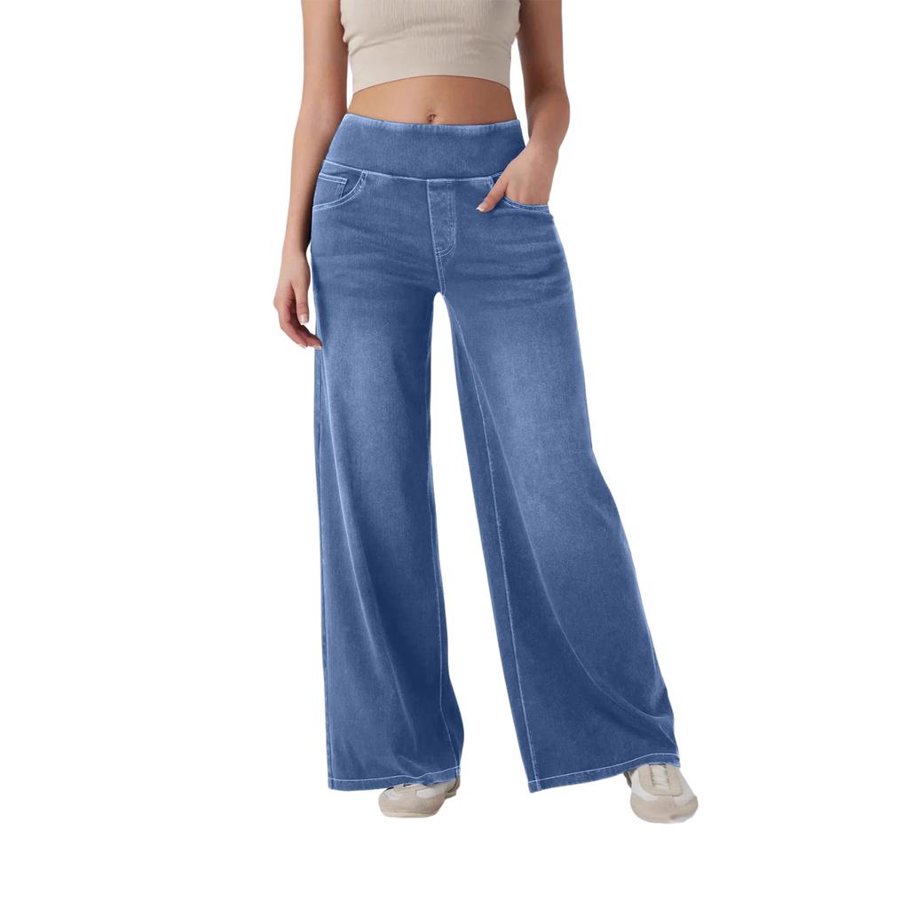 Women Wide Leg Jeans with Zipper Pockets Loose Fit High Waist Denim Pants Full Length Casual Bottoms for Work and Daily Wear