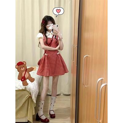 Collegiate Style Fake Two-piece Plaid Suspender Dress for Women Summer New Casual Small A-line Skirt