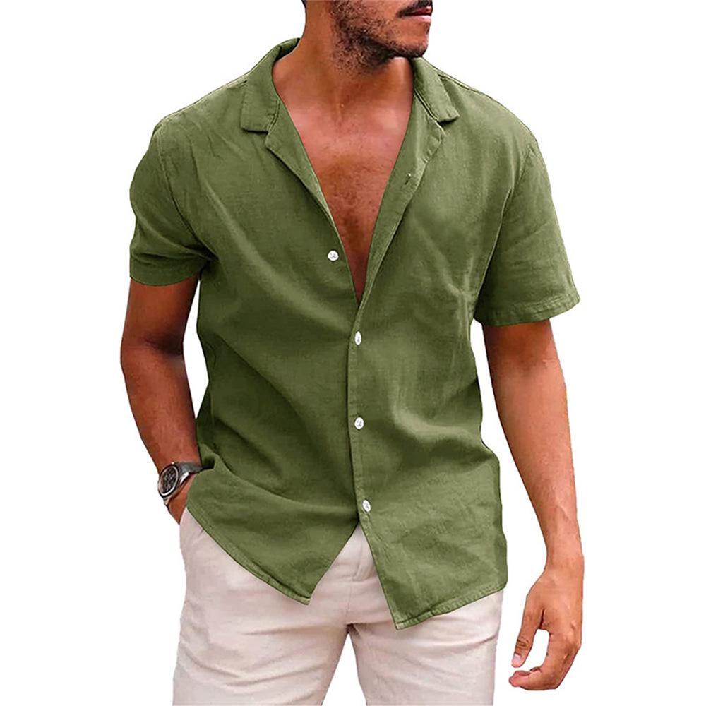 2023 Men's Casual Lapel Short-Sleeve Solid Color Cotton and Linen Shirt - European and American Style