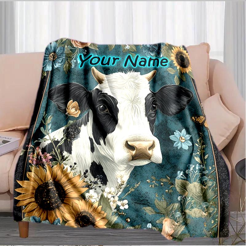 1PC Custom Name Cow Portrait Flowers Flannel Blanket Versatile,all-season Throw Suitable for the Living Room,bedroom,camping,travel,and Gift