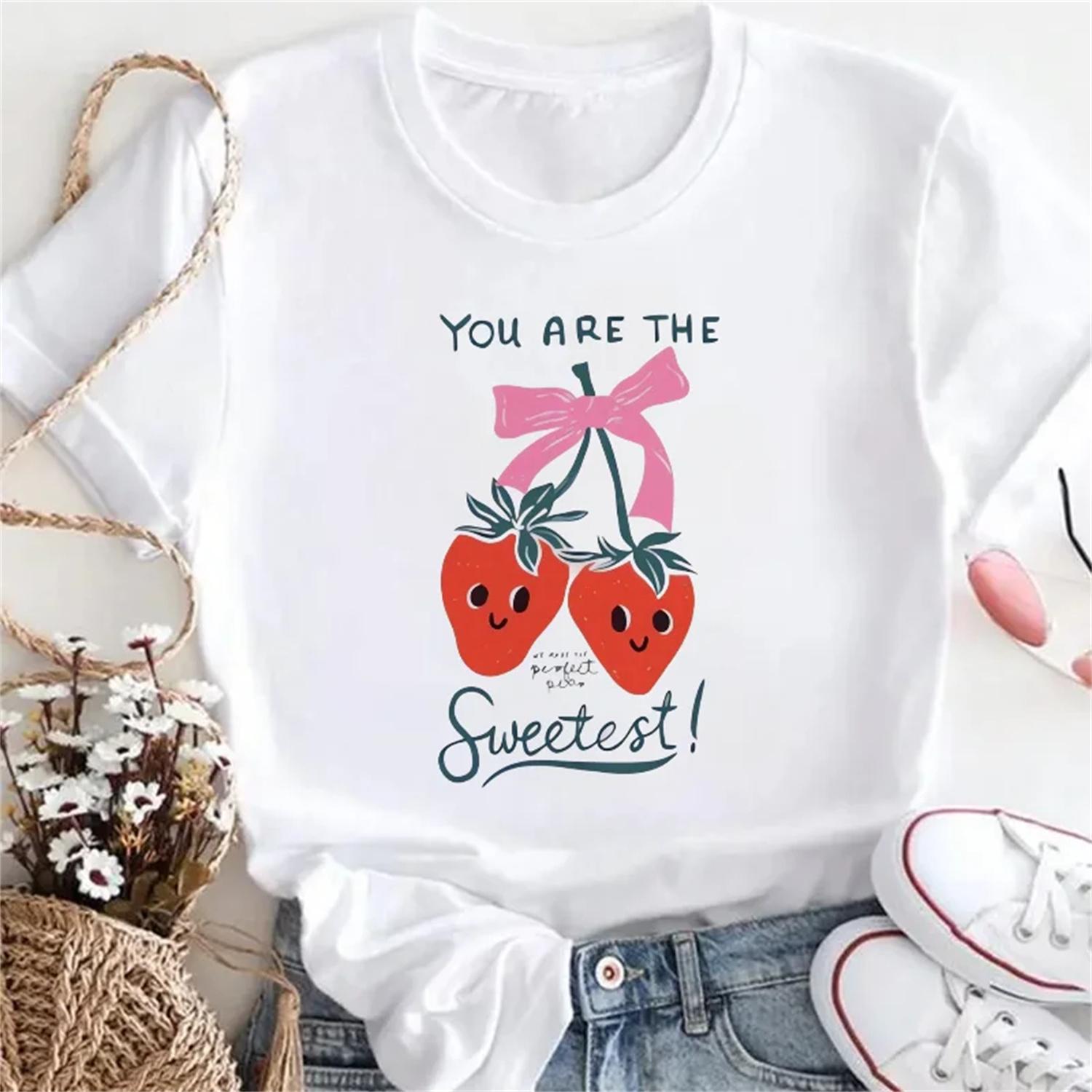 Basic Women s Casual Short Sleeve Strawberry Bow Letter Pattern Printed Summer Top Basic Women s Cute Cartoon Fashion T-Shirt S