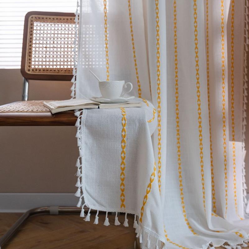 Solid Color Multi-line Finished Curtain for Bedroom Living Room Rural Embroidery Textured Window Curtain 1 Panels Tassel Drapery