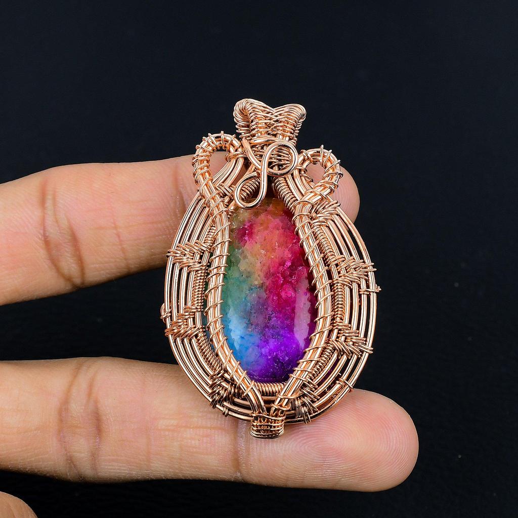 Rainbow Solar Quartz 999 Copper Wire Wrapped Pendant, Handmade Gemstone Pendant Jewelry, Gifts For Wife Brand New Pendant