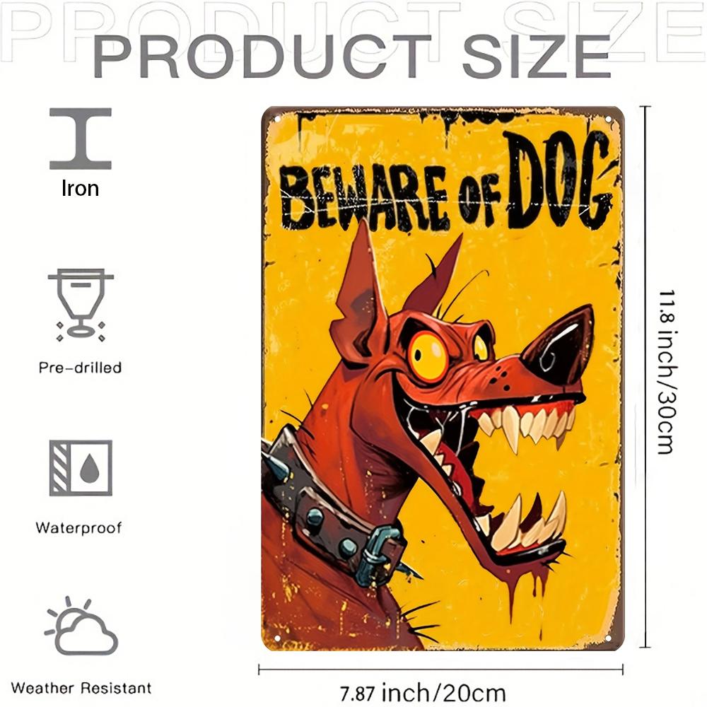 

Vintage Beware of Dog Metal Sign Cartoonish Red Dog Yellow Bkg Black Chains Rustic Wall Art Durable Iron xcm 20x30cm（7.8x11.8inch）