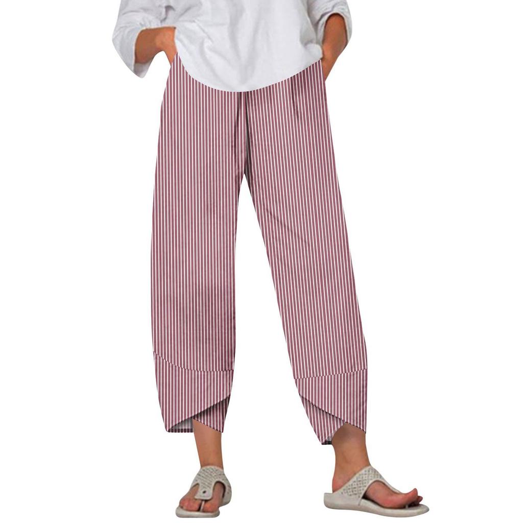 Pants For Women Summer Casual Wide Leg Elastic Waist Print Pants With Pockets