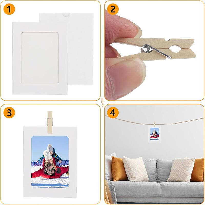 30Pcs Combination Paper Frame Set 4x6 Inch Cardboard Picture Frames with 30 Wooden Clips and 3 Hemp Ropes Home Decoration Craft