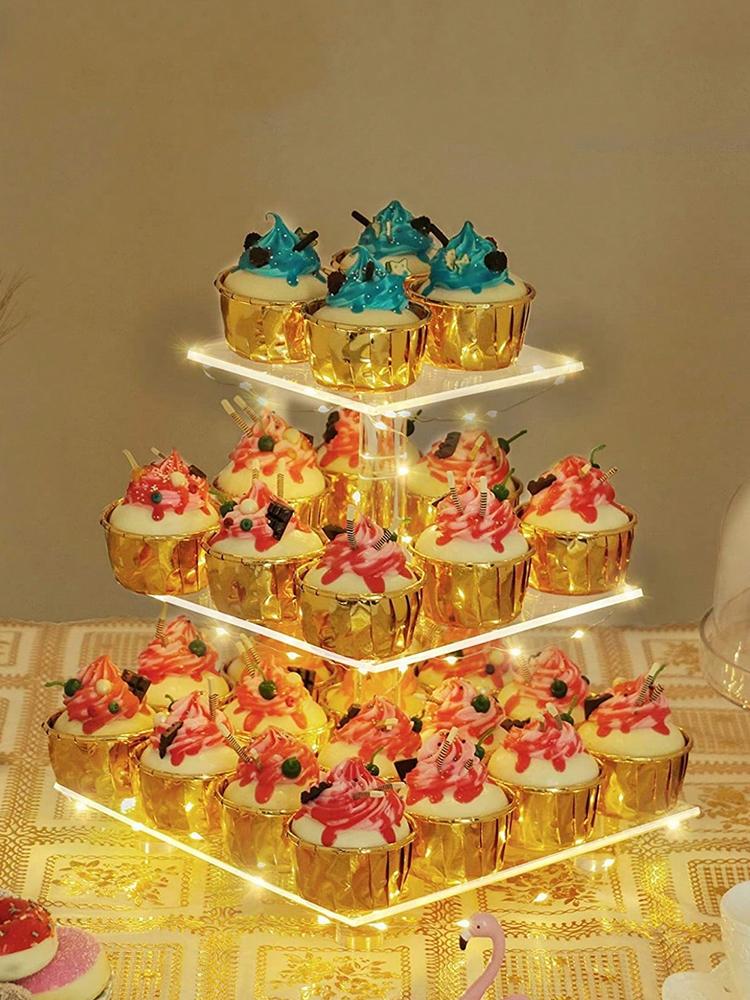 3/4 Tier Acrylic Cupcake Display Stand with LED Light Cupcake Holder Multifunctional Cake Serving Platter for Celebration