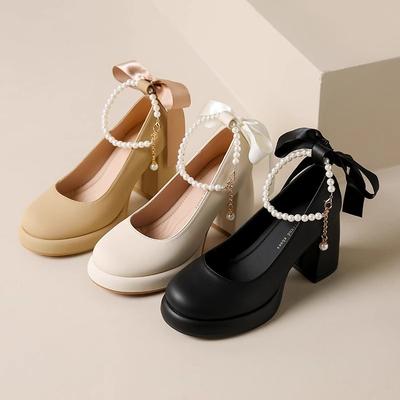 Mary Jane Shoes Women's 2025 Spring New Bow Pearl One-word Strap High Heels Thick Heel Single Shoes