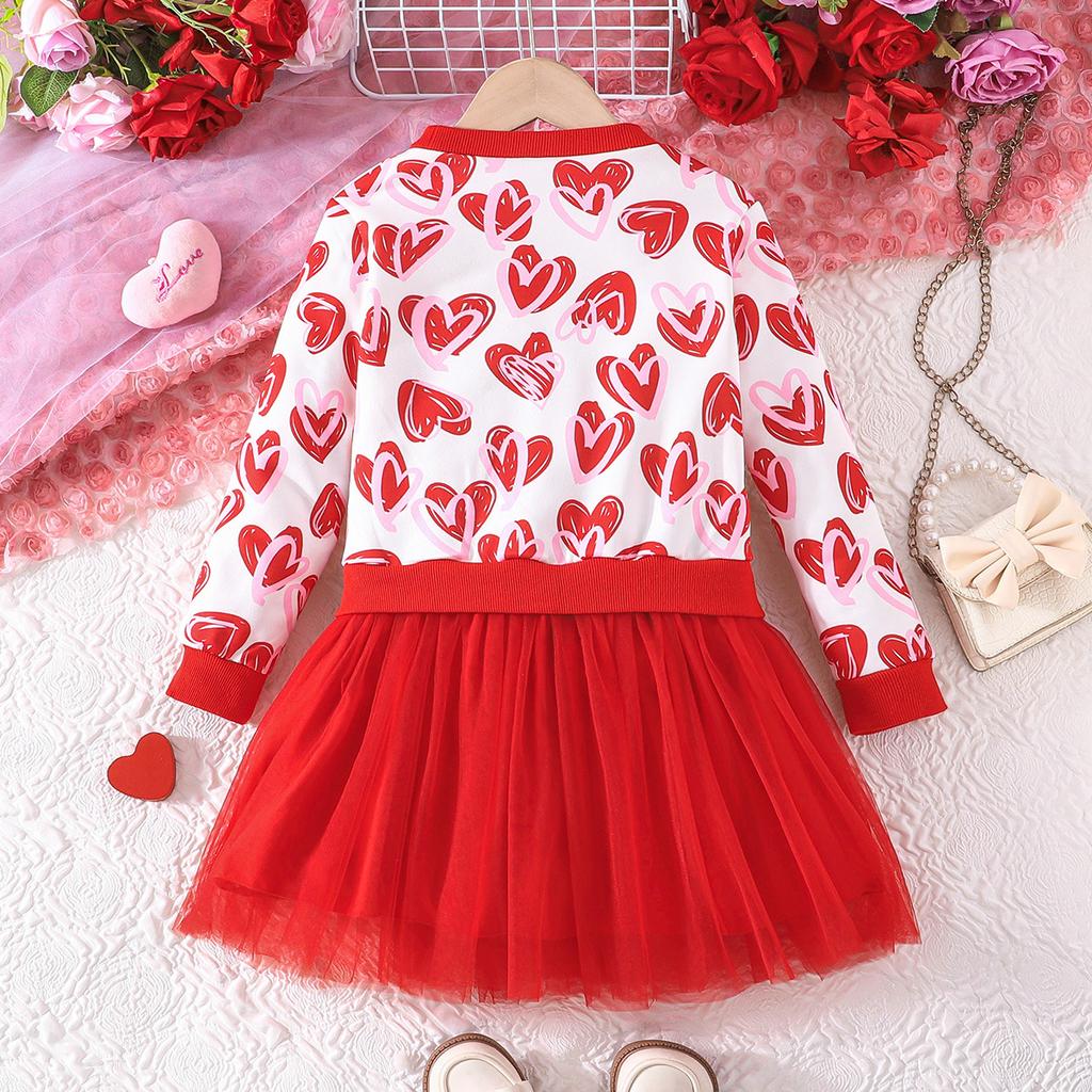 Girls' Heart Dress Spring and Autumn Long Sleeve Mesh Dress