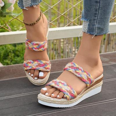 Böhmische Bunte Gewebter Riemen Slipper Sandalen Damen Sommer Runde Zehenpartie Keilabsatz Hohe Ferse Sandalen Deodorierendes Stoff Innensohle Schuhe